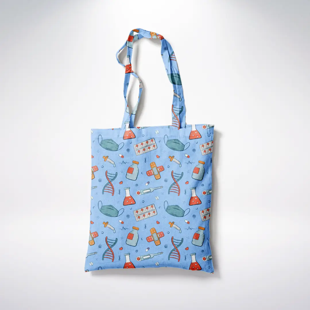 Medicines Printed Blue Canvas Fabric Tote Bag