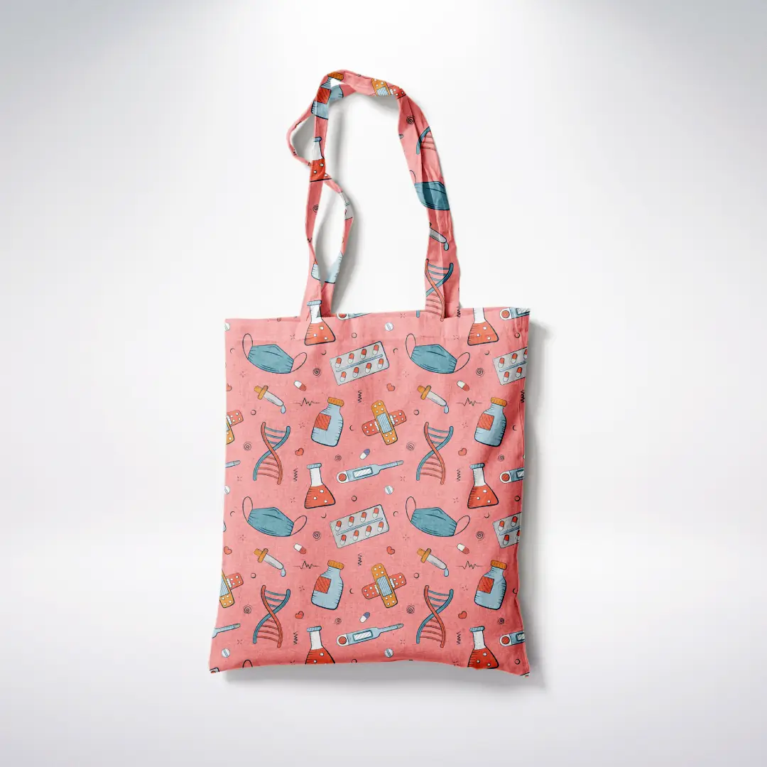 Medicines Printed Coral Color Canvas Fabric Tote Bag