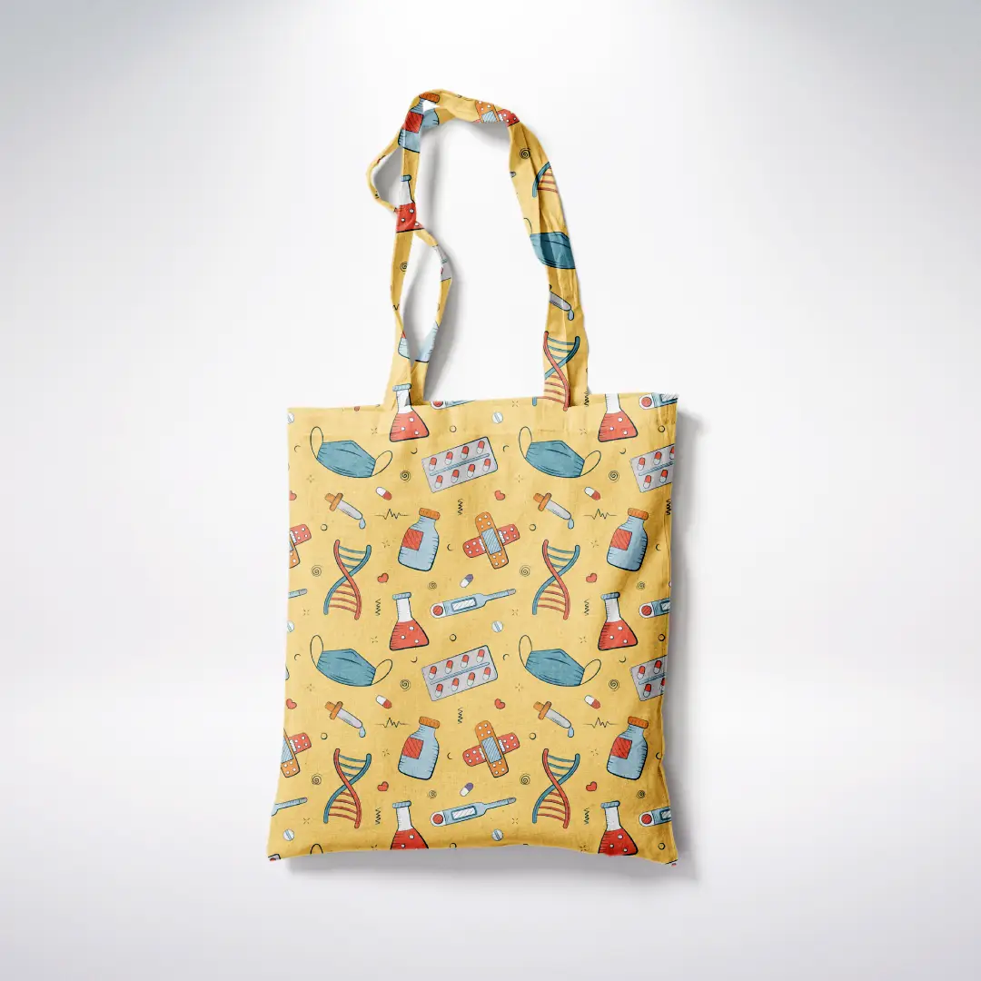 Medicines Printed Yellow Canvas Fabric Tote Bag