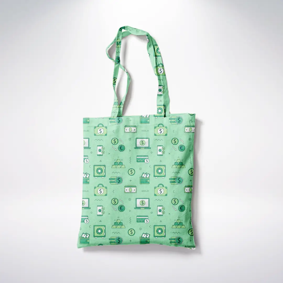 Money Doodle Printed Green Canvas Fabric Tote Bag