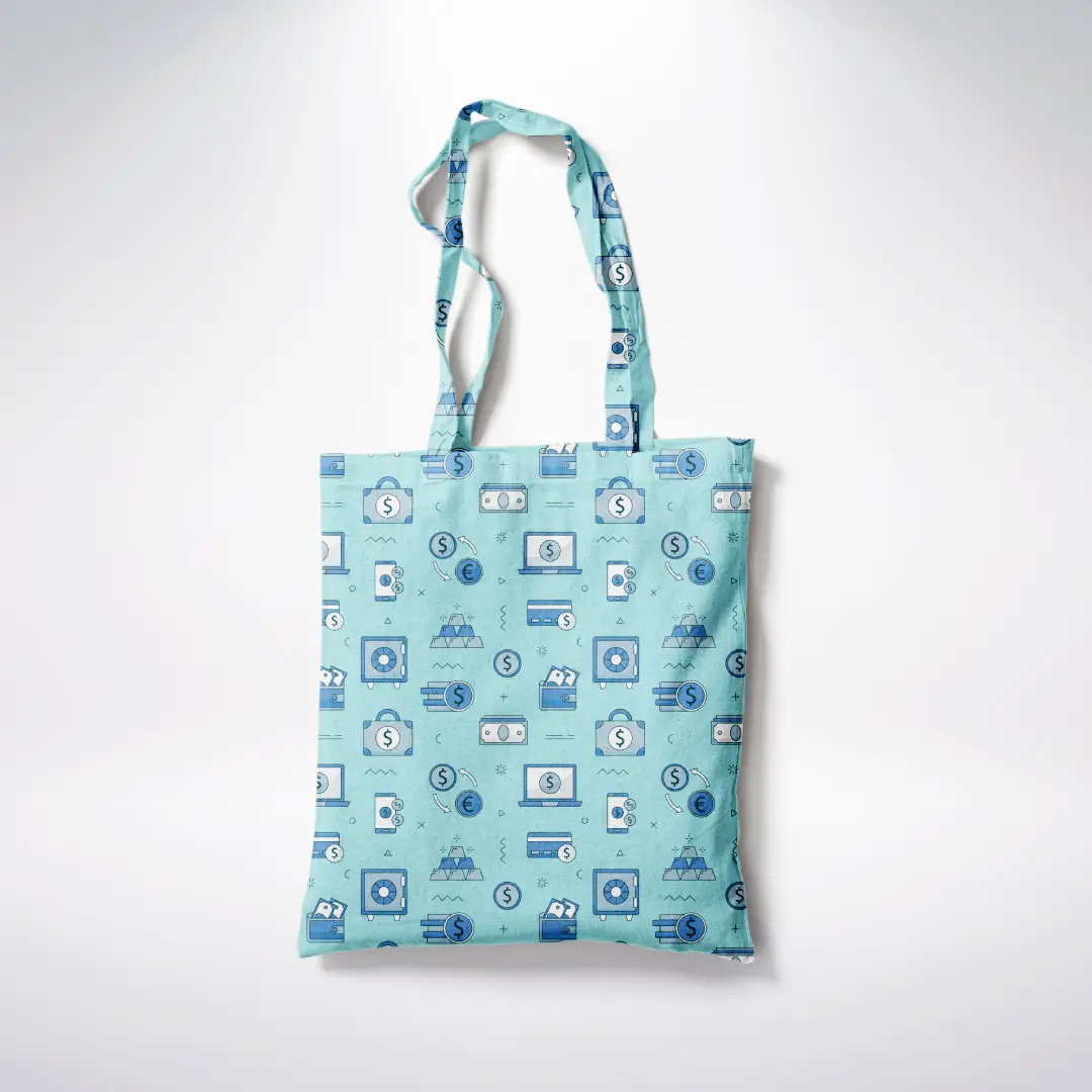 Money Doodle Printed Teal Blue Canvas Fabric Tote Bag