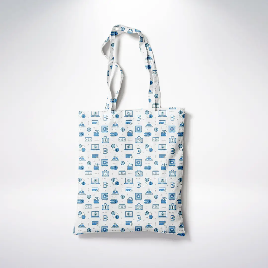 Money Doodle Printed White Blue Canvas Fabric Tote Bag
