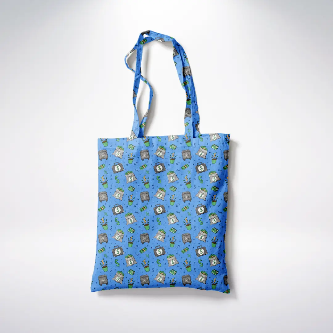 Money Pot Printed Blue Canvas Fabric Tote Bag