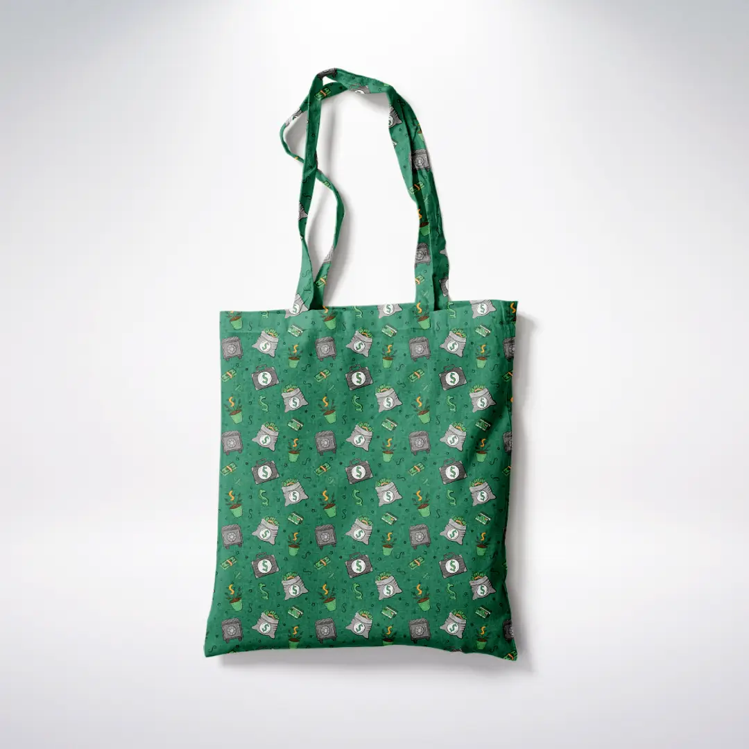 Money Pot Printed Green Canvas Fabric Tote Bag