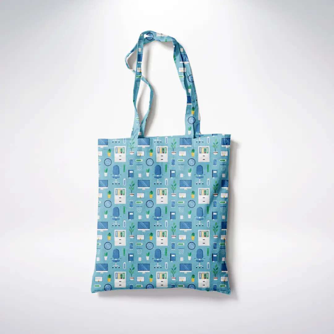 Office Things Printed Petrol Blue Color Canvas Fabric Tote Bag