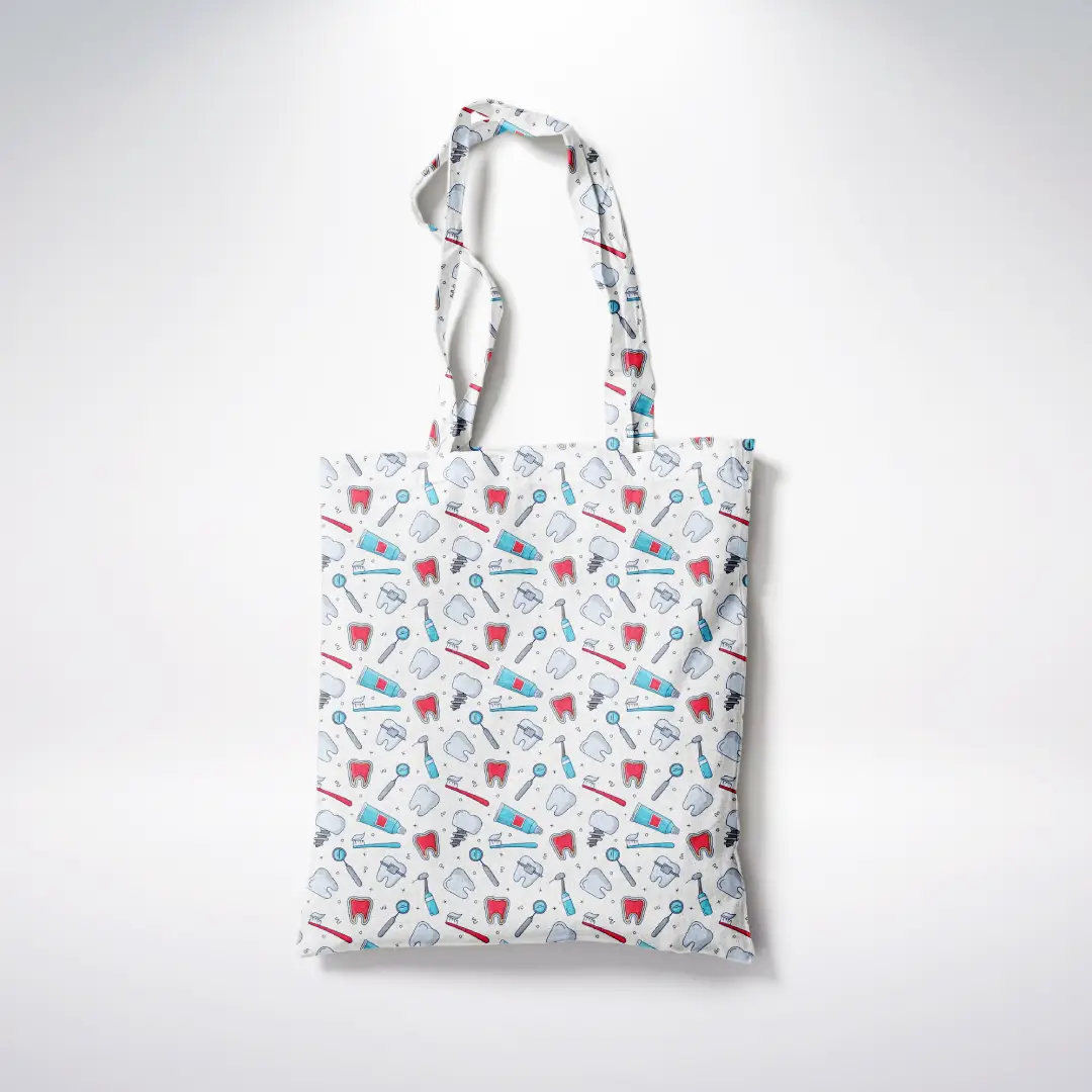 Dentist Doodle Printed White Canvas Fabric Tote Bag