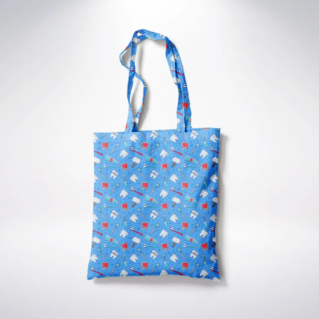 Dentist Doodle Printed Blue Canvas Fabric Tote Bag