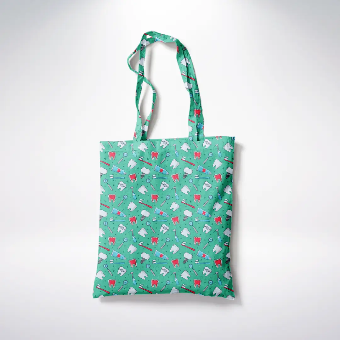 Dentist Doodle Printed Green Canvas Fabric Tote Bag