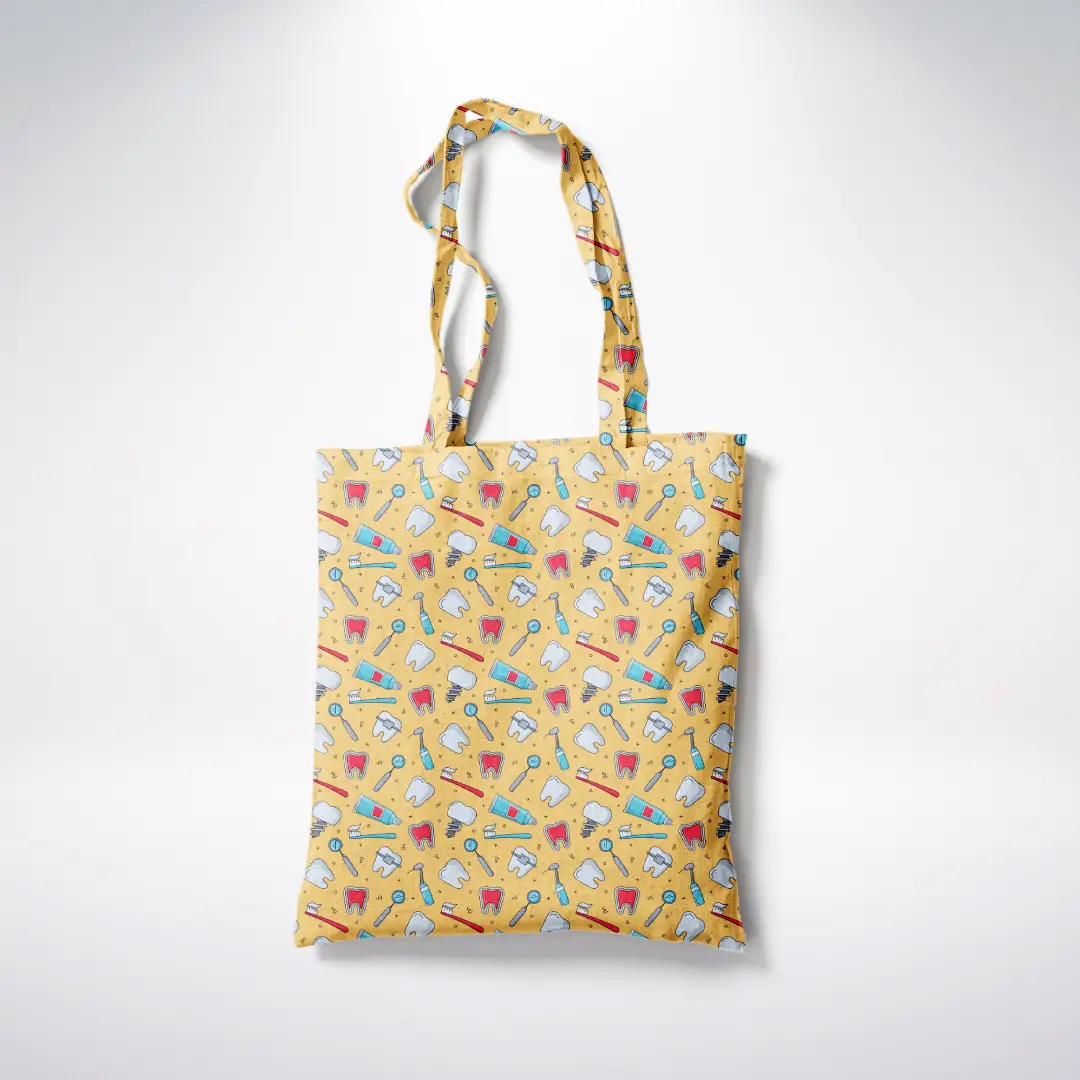 Dentist Doodle Printed Yellow Canvas Fabric Tote Bag