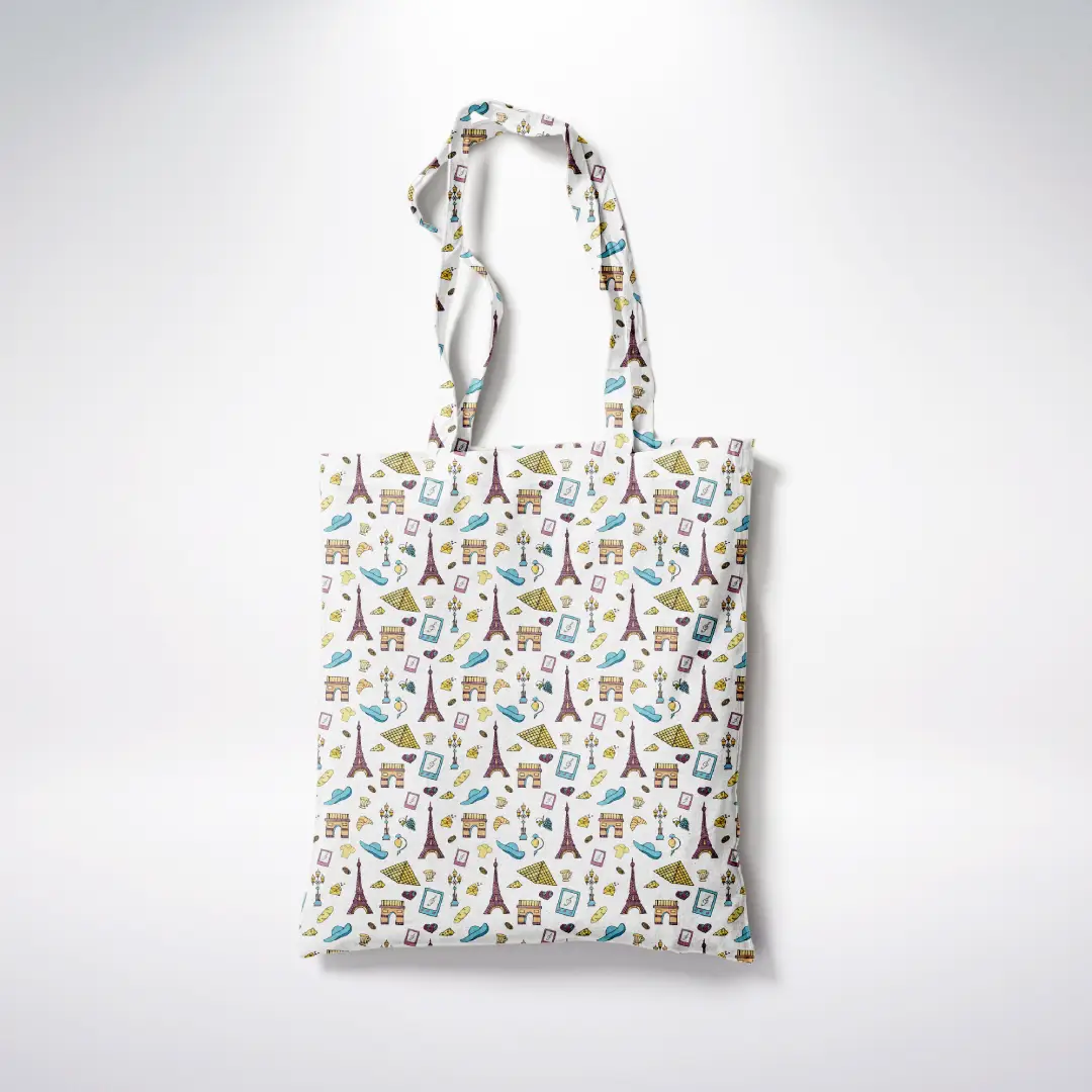 France Doodle White Canvas Fabric Tote Bag