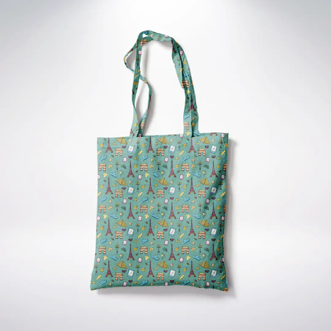 France Doodle Green Canvas Fabric Tote Bag