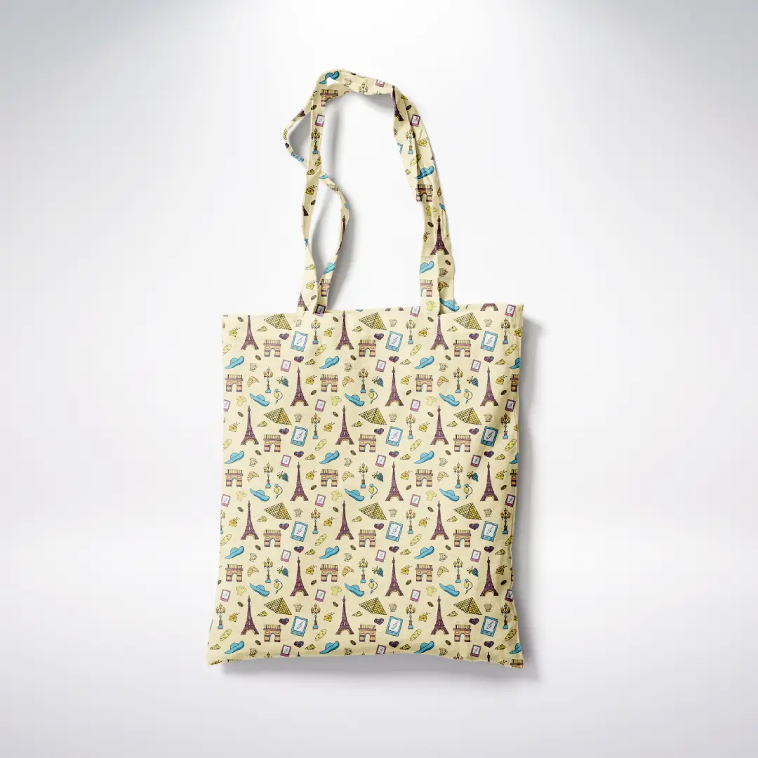 France Doodle Yellow Canvas Fabric Tote Bag