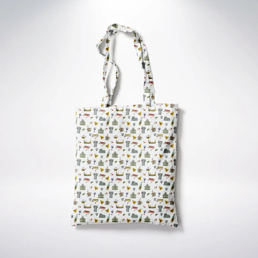 Italy Doodle White Canvas Fabric Tote Bag