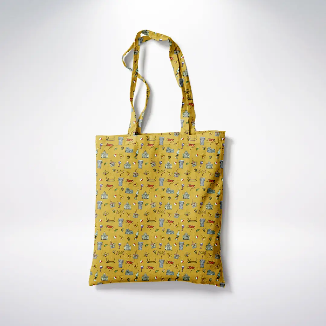 Italy Doodle Mustard Yellow Canvas Fabric Tote Bag