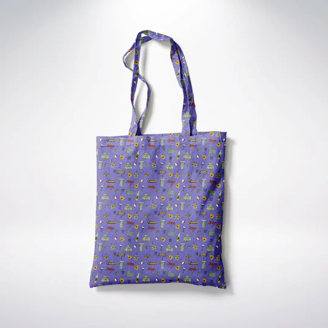 Italy Doodle Purple Canvas Fabric Tote Bag