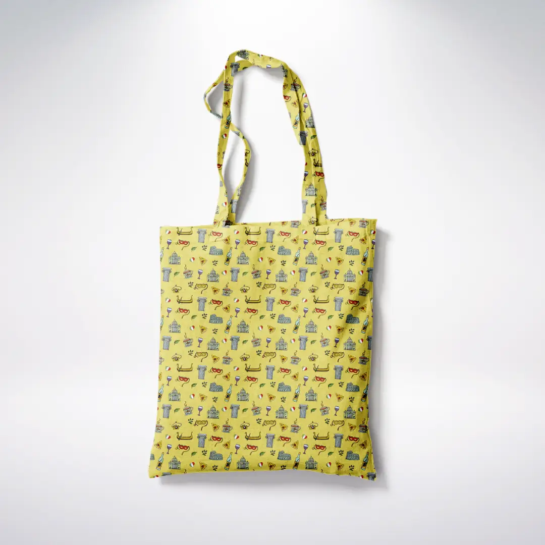 Italy Doodle Lime Yellow Canvas Fabric Tote Bag