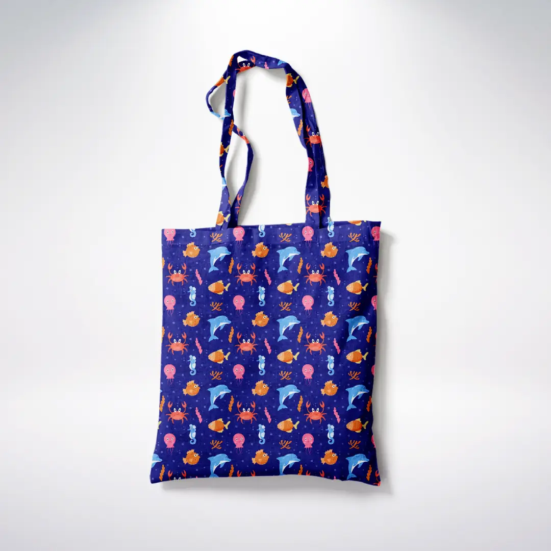 Sea Fishes Printed Purple Canvas Fabric Tote Bag