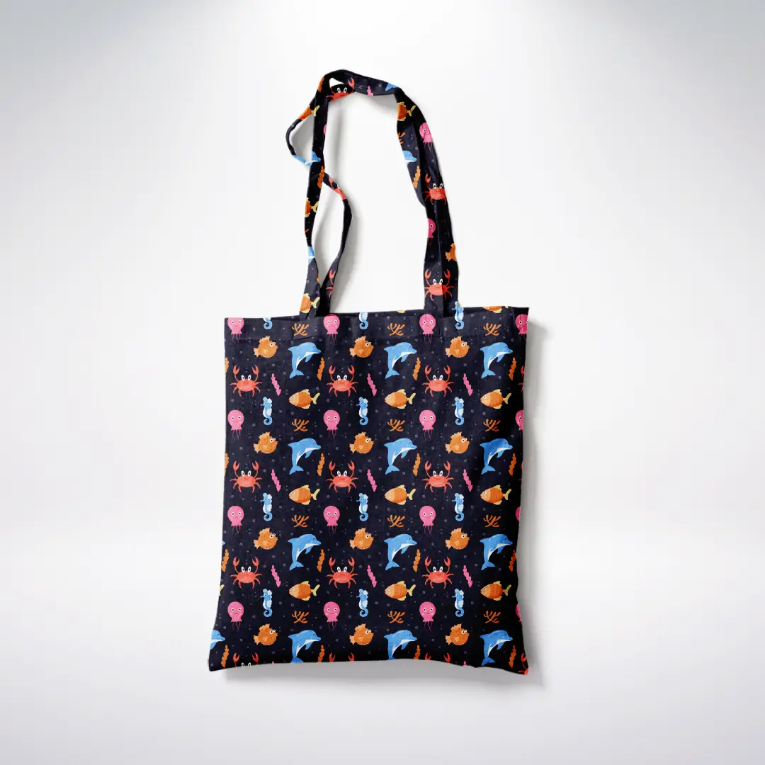 Sea Fishes Printed Black Canvas Fabric Tote Bag