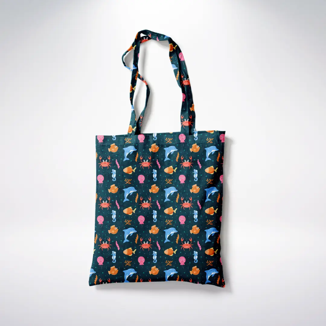 Sea Fishes Printed Grey Canvas Fabric Tote Bag