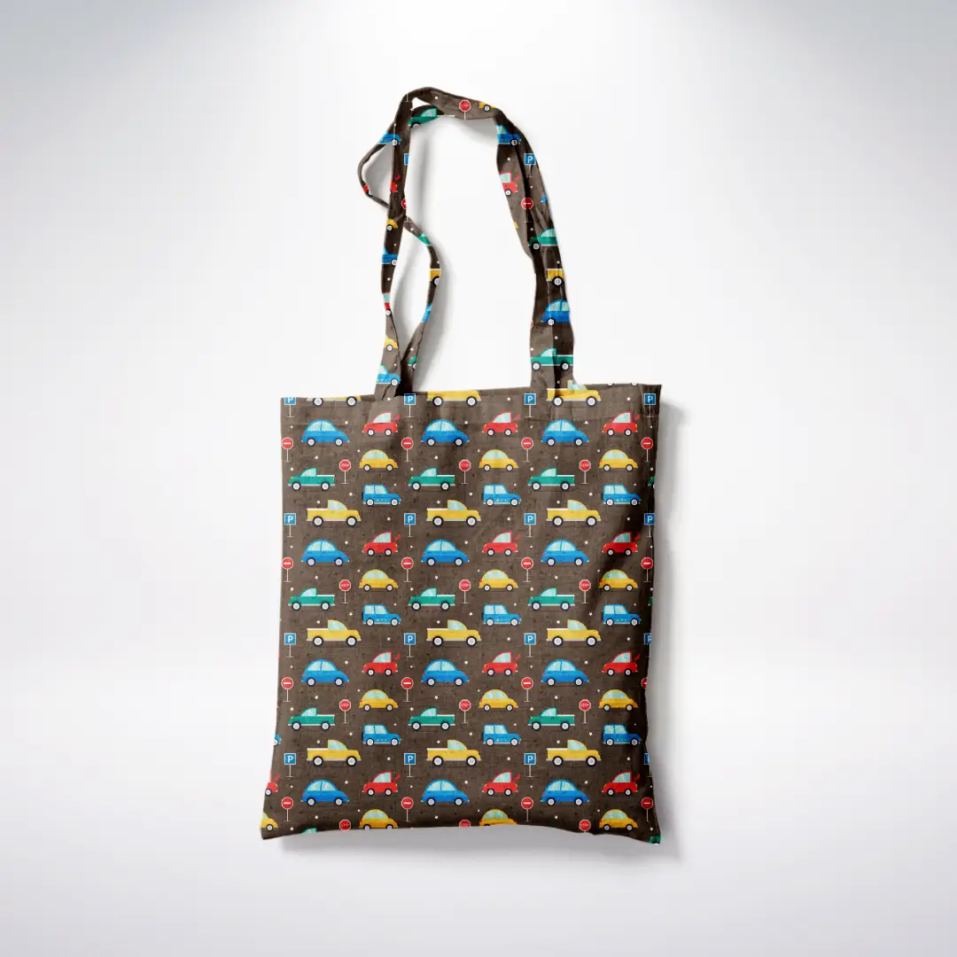 Cars Printed Brown Canvas Fabric Tote Bag