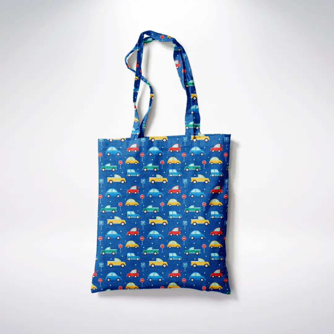 Cars Printed Blue Canvas Fabric Tote Bag