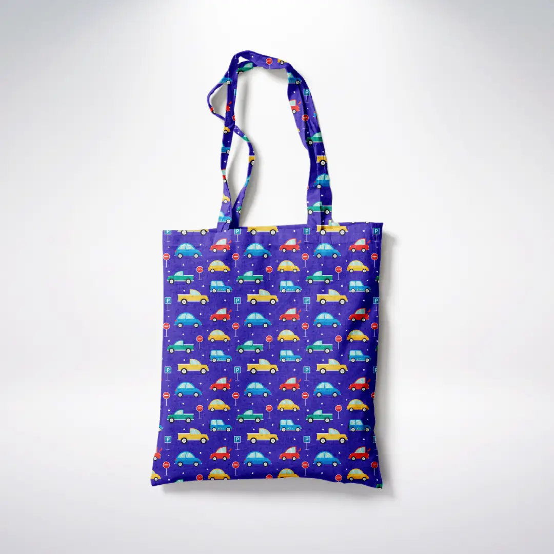 Cars Printed Purple Canvas Fabric Tote Bag