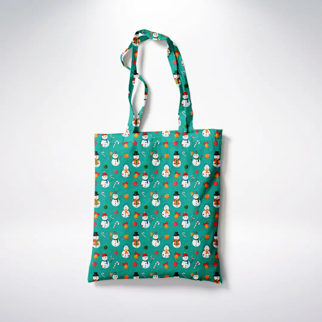 Snow Man Graphic Printed Green Canvas Fabric Tote Bag