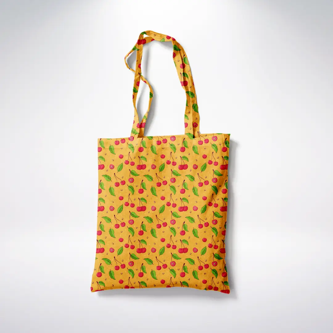 Cheeries Mustard Yellow Canvas Fabric Tote Bag