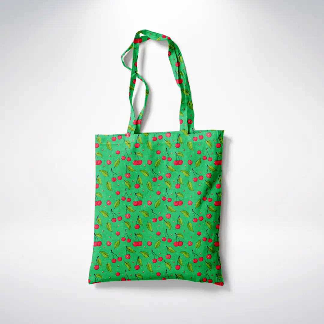 Cheeries Printed Green Color Canvas Fabric Tote Bag
