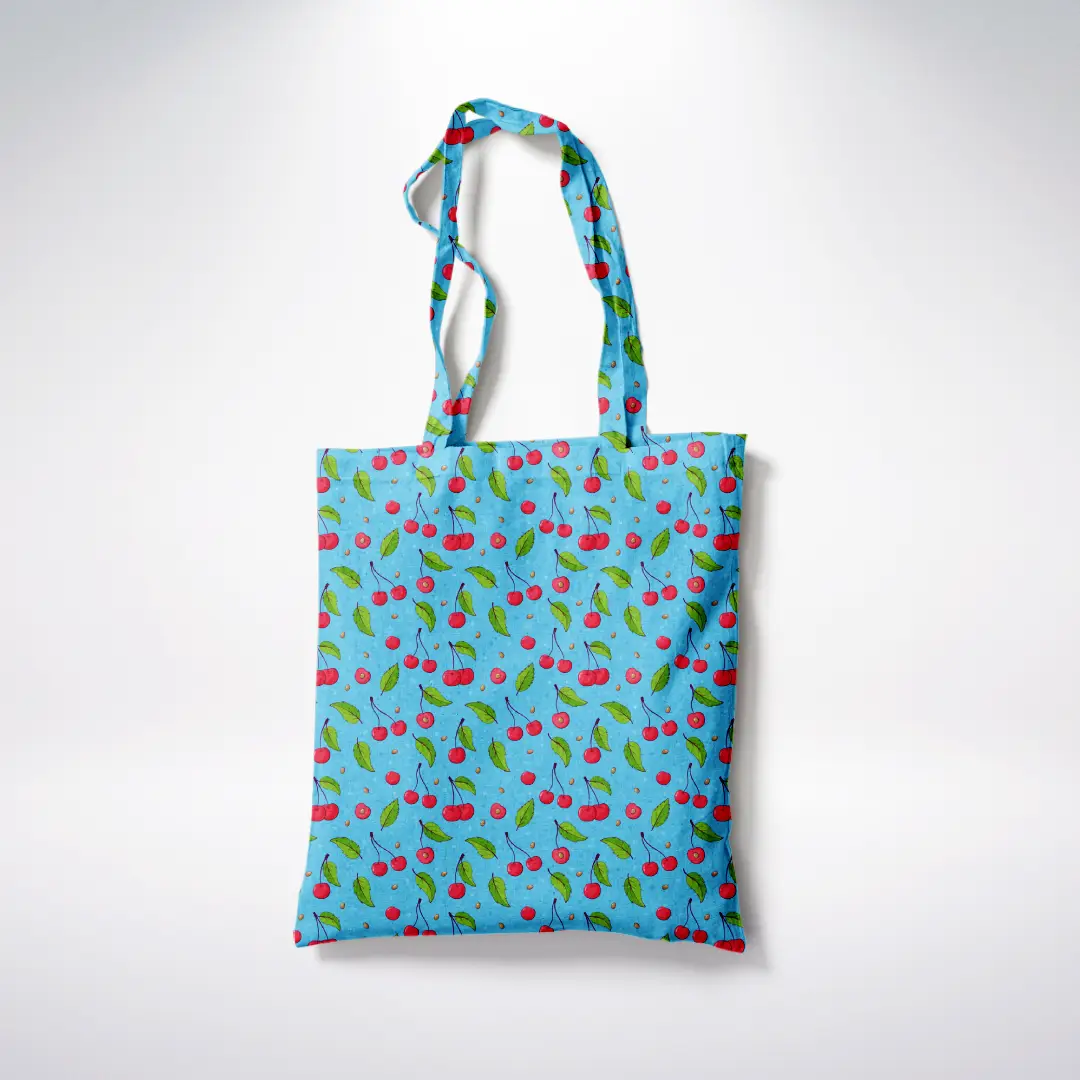 Cheeries Printed Sky Blue Color Canvas Fabric Tote Bag