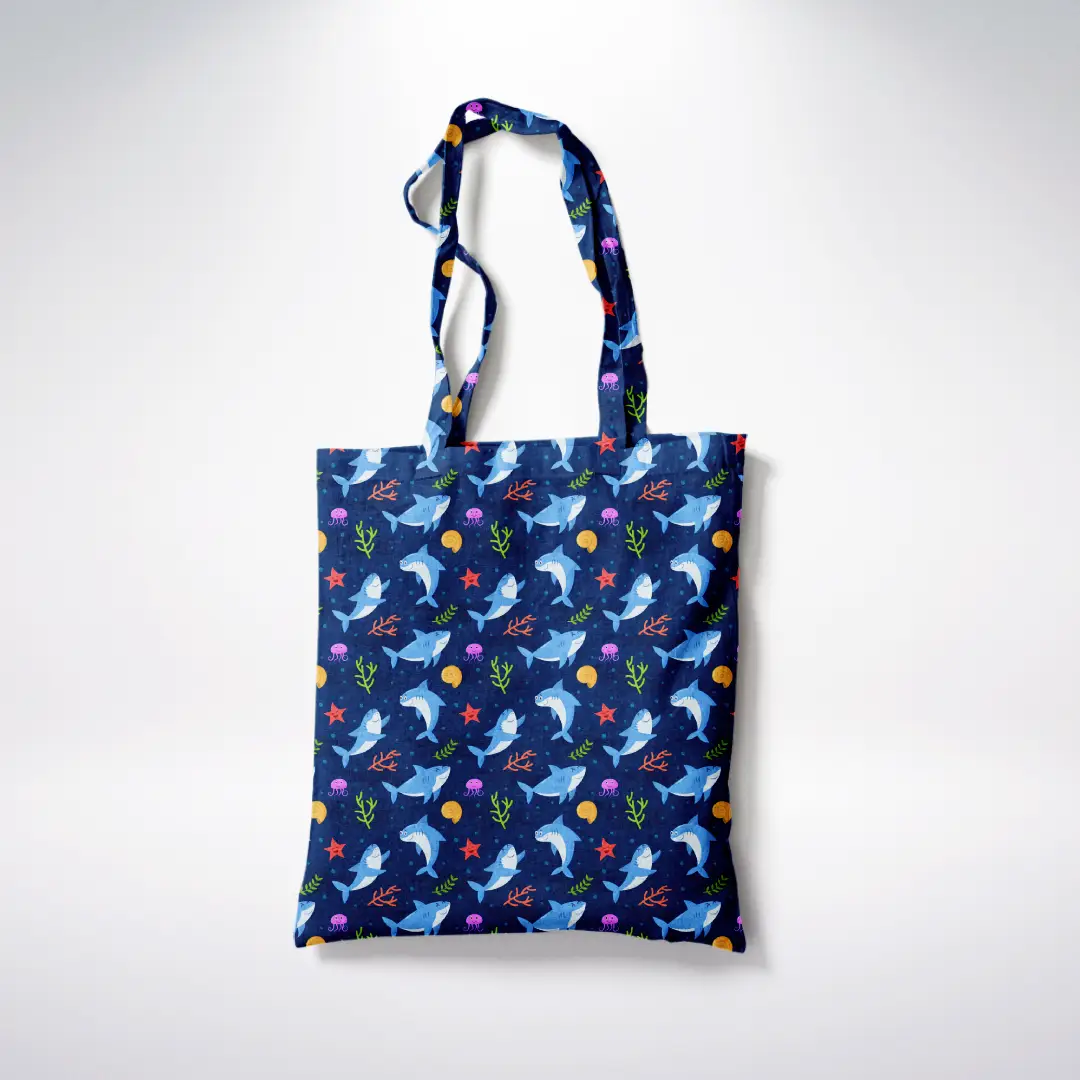 Whales Printed Navy Blue Canvas Fabric Tote Bag