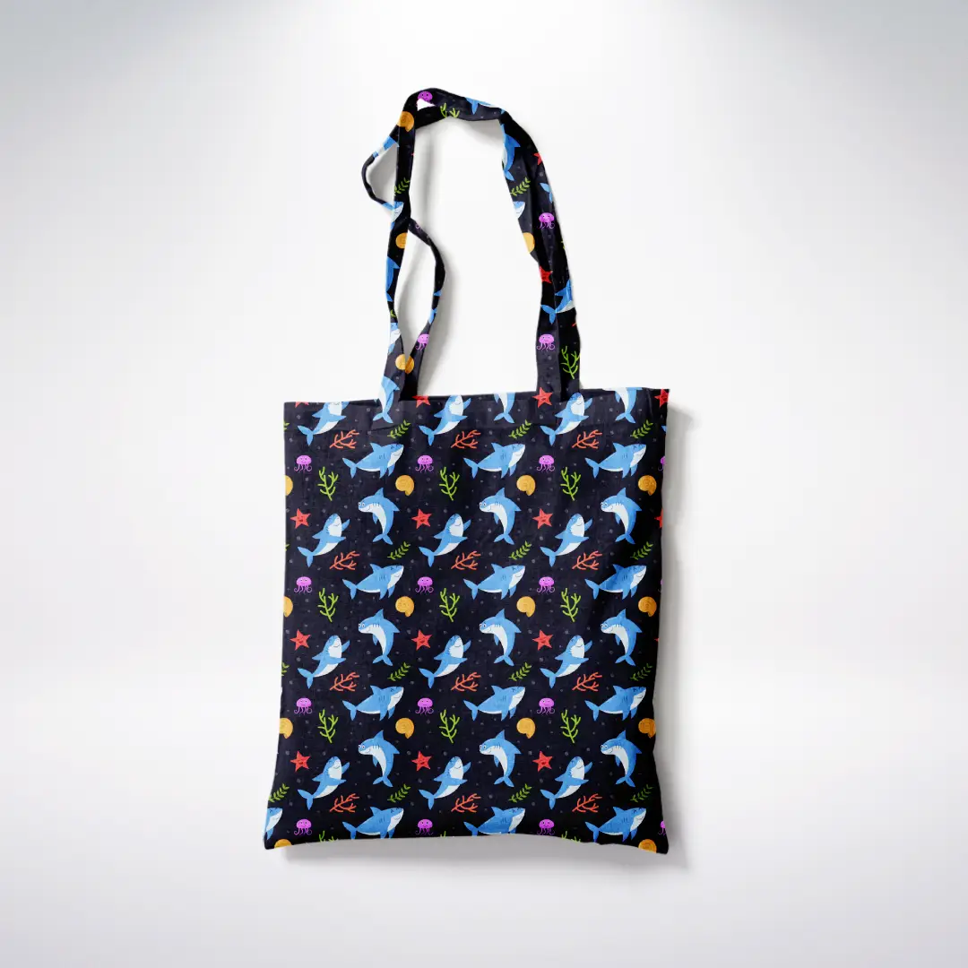 Whales Printed Black Canvas Fabric Tote Bag