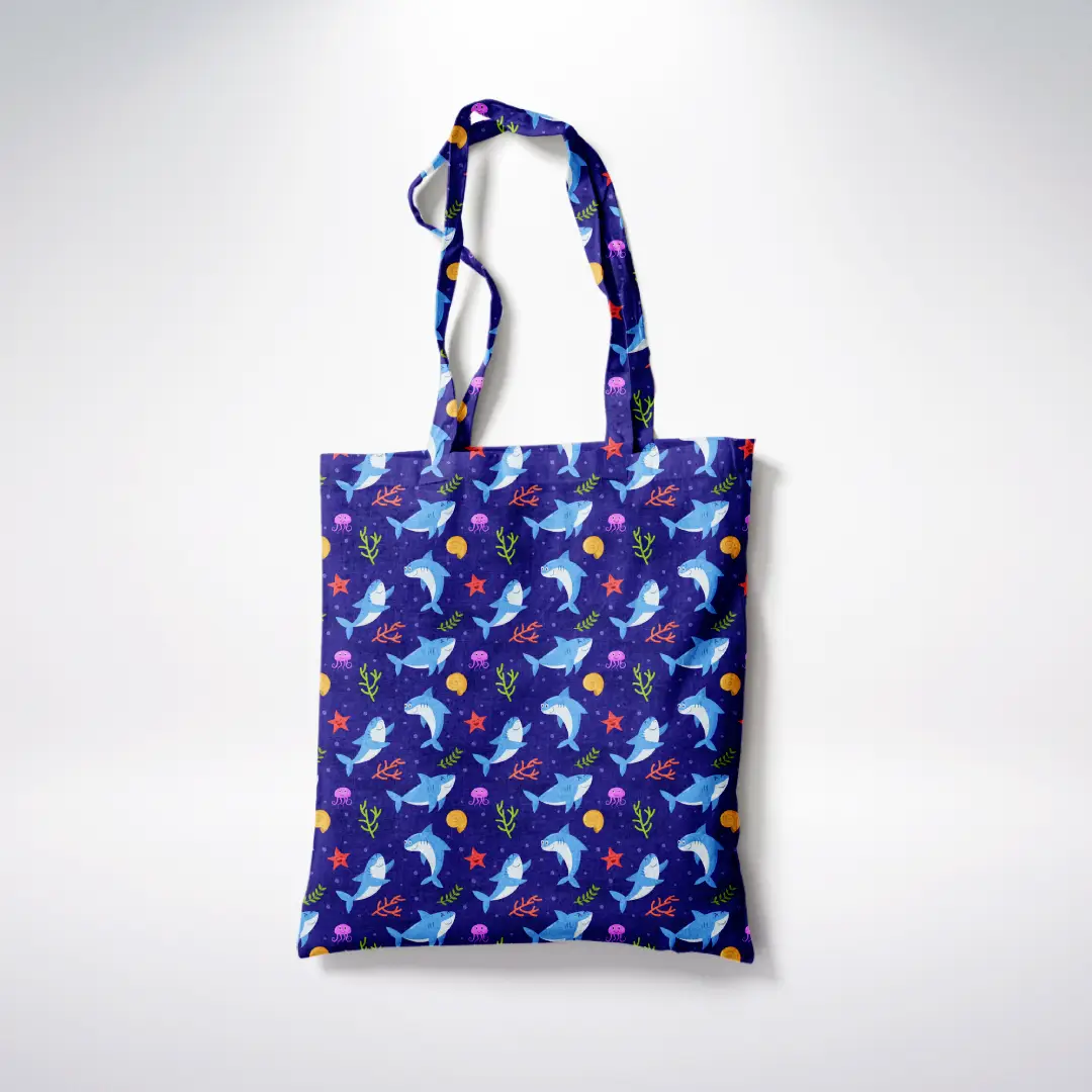 Whales Printed Purple Color Canvas Fabric Tote Bag