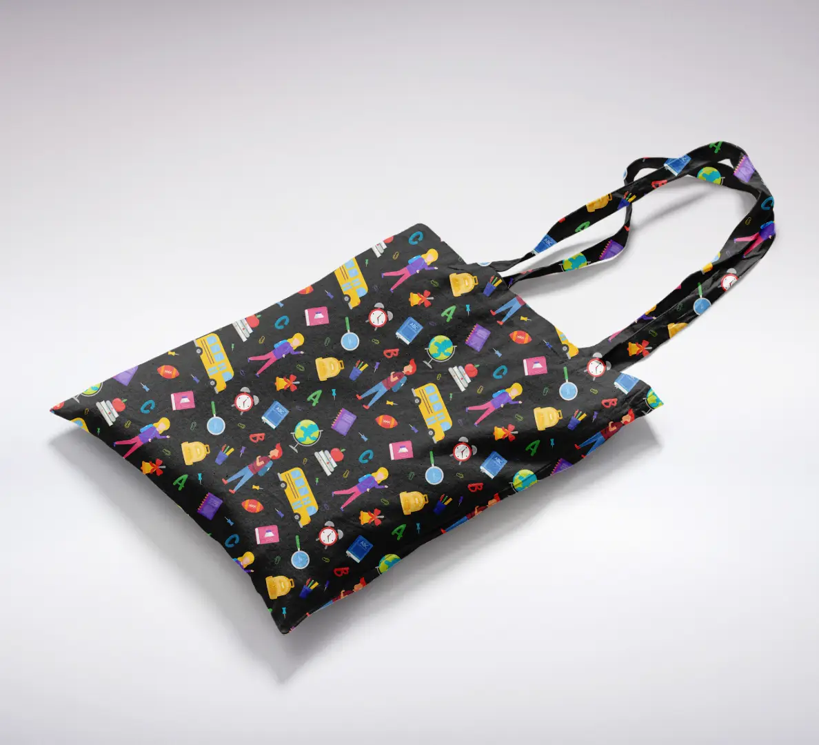 Kids School Graphic Printed Black Canvas Fabric Tote Bag - Image 2