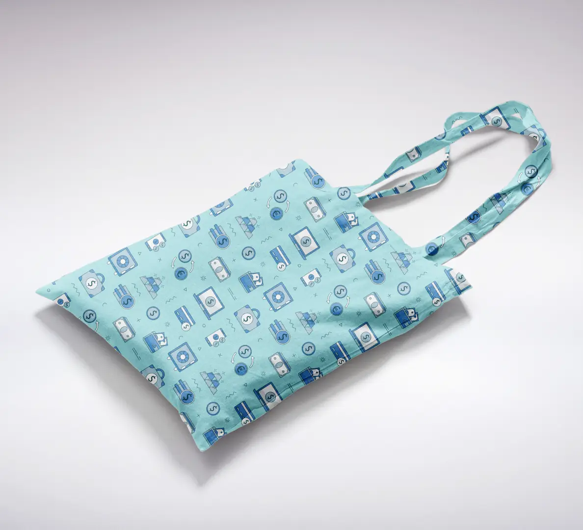 Money Doodle Printed Teal Blue Canvas Fabric Tote Bag - Image 2