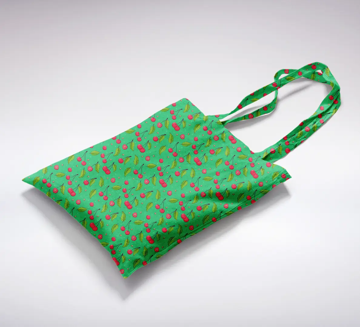 Cheeries Printed Green Color Canvas Fabric Tote Bag - Image 2