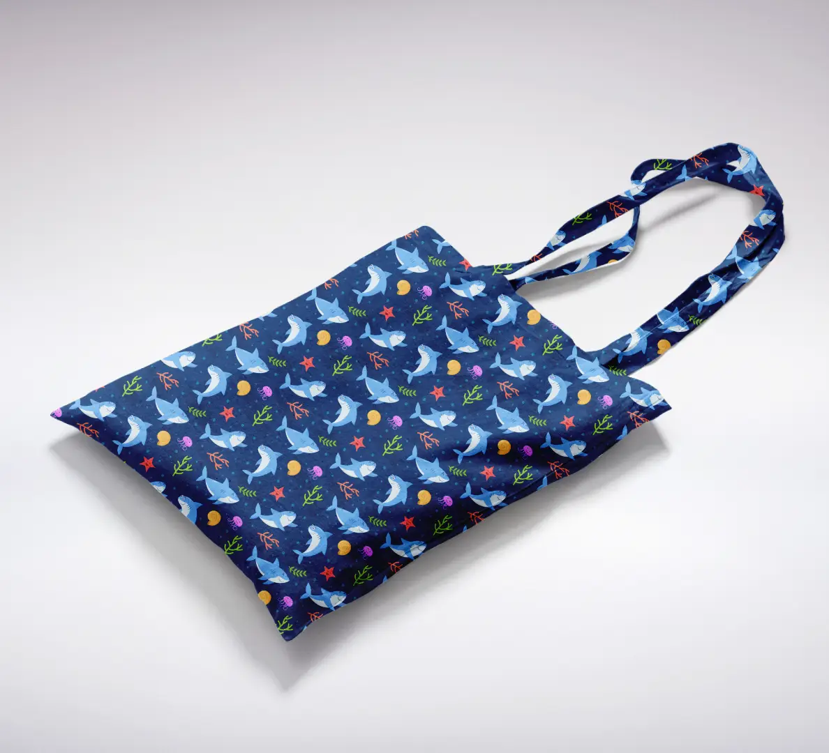 Whales Printed Navy Blue Canvas Fabric Tote Bag - Image 2