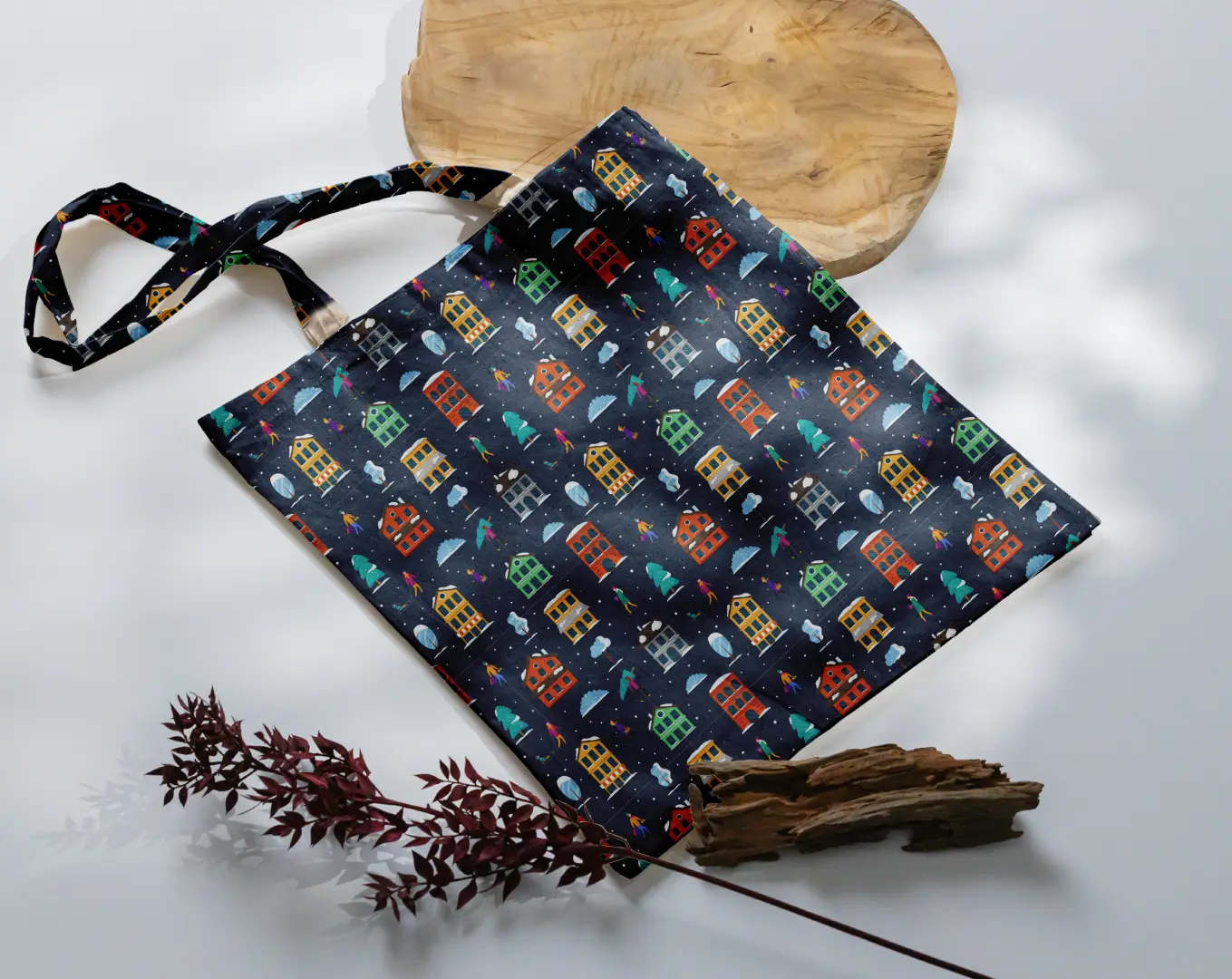 Winter Days Printed Dark Blue Canvas Fabric Tote Bag - Image 3