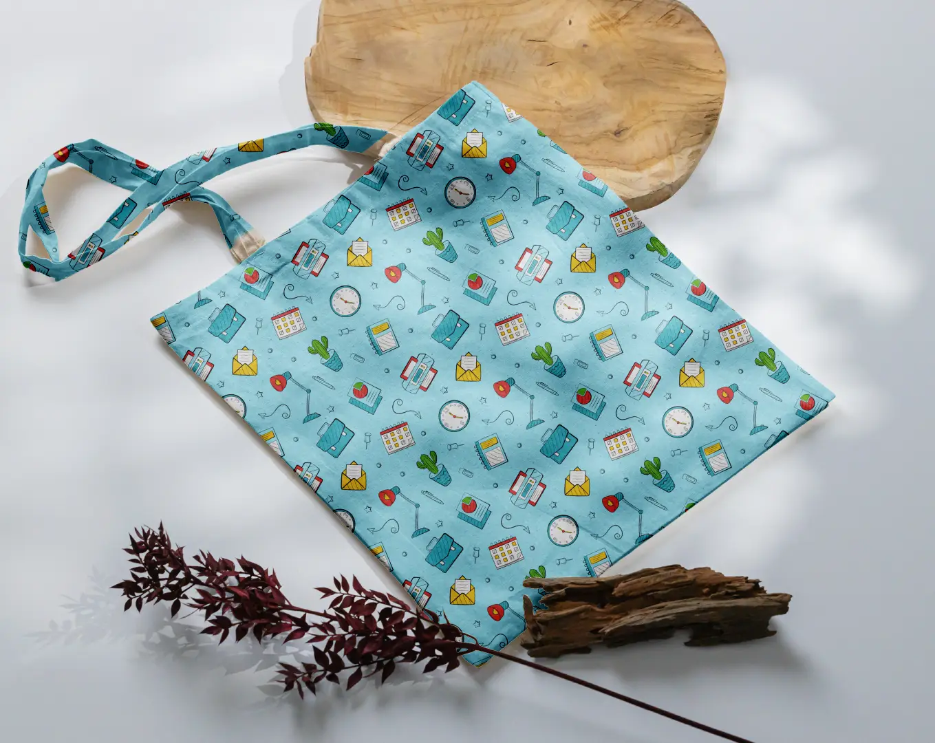 Quirky Office Printed Sky Blue Canvas Fabric Tote Bag - Image 3