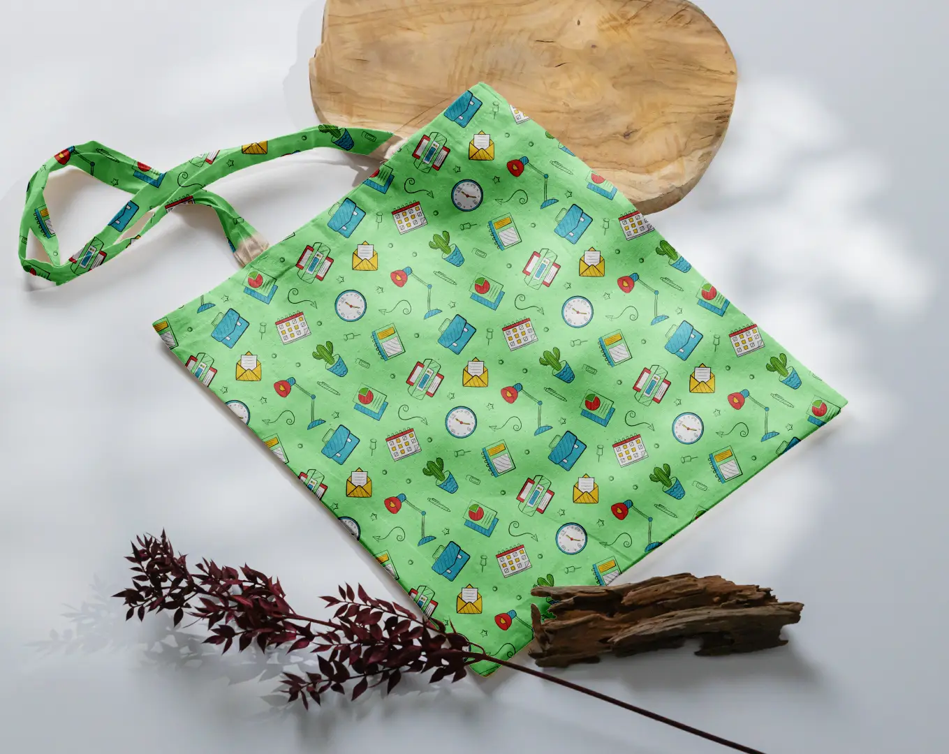 Quirky Office Printed Light Green Canvas Fabric Tote Bag - Image 3