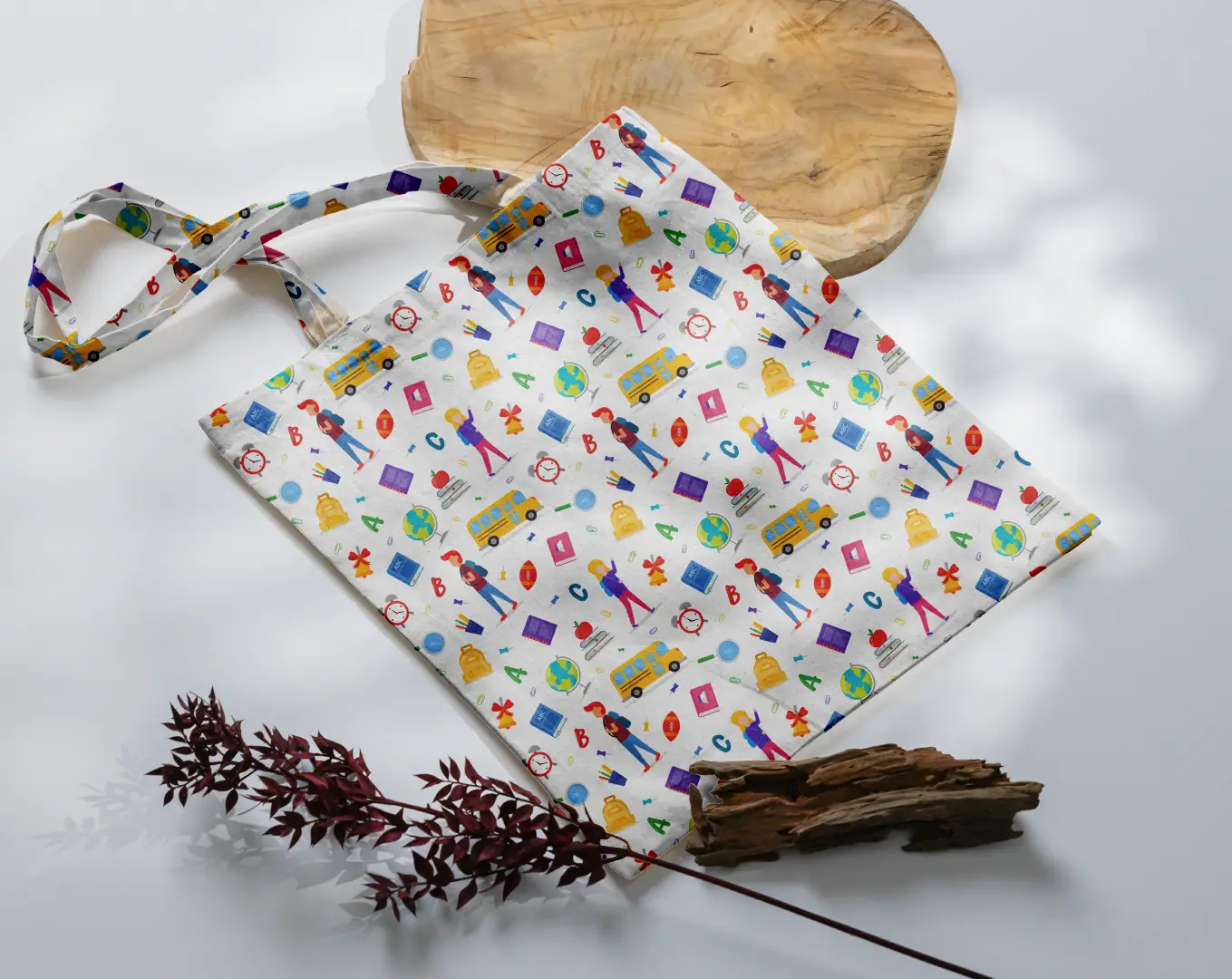 Kids School Graphic Printed White Canvas Fabric Tote Bag - Image 3