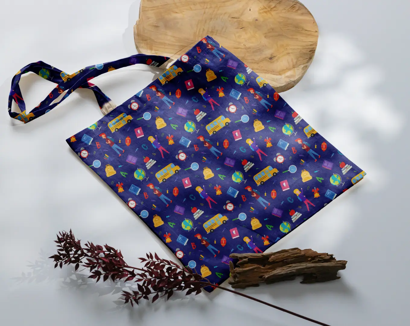 Kids School Graphic Printed Purple Canvas Fabric Tote Bag - Image 3