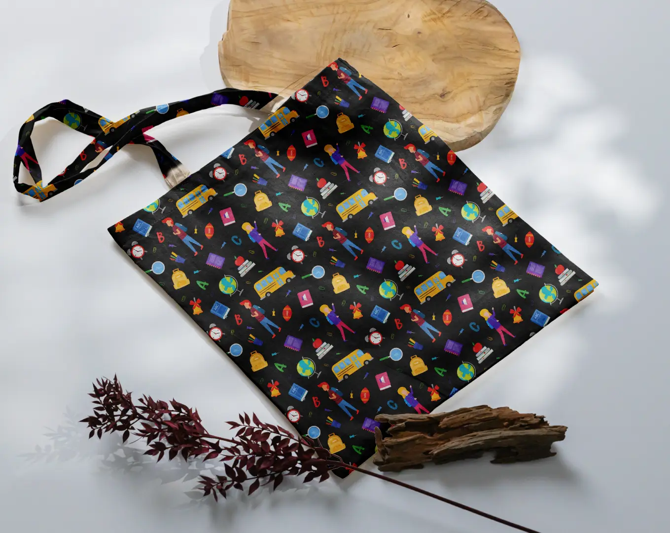 Kids School Graphic Printed Black Canvas Fabric Tote Bag - Image 3