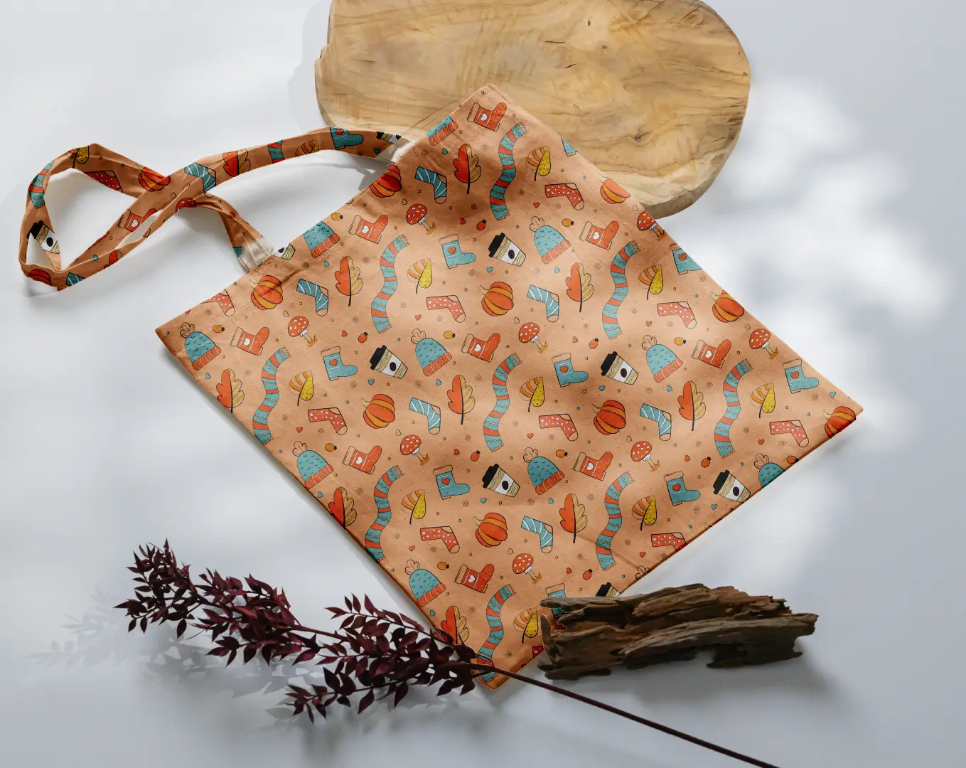 Windy Cool Day Printed Orange Canvas Fabric Tote Bag - Image 3
