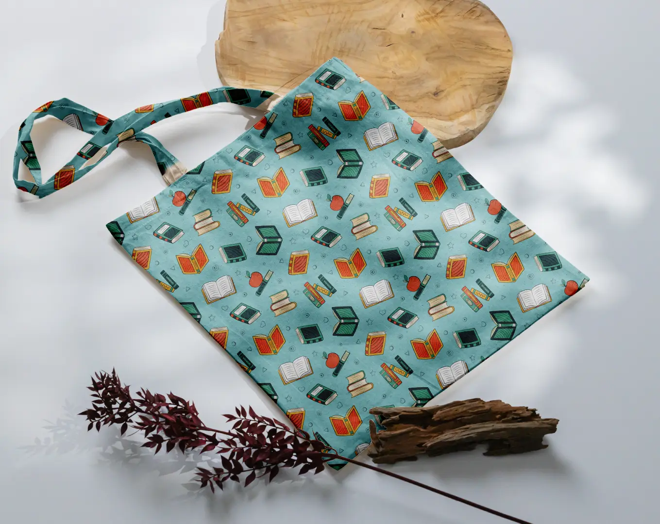 Books Printed Teal Canvas Fabric Tote Bag - Image 3
