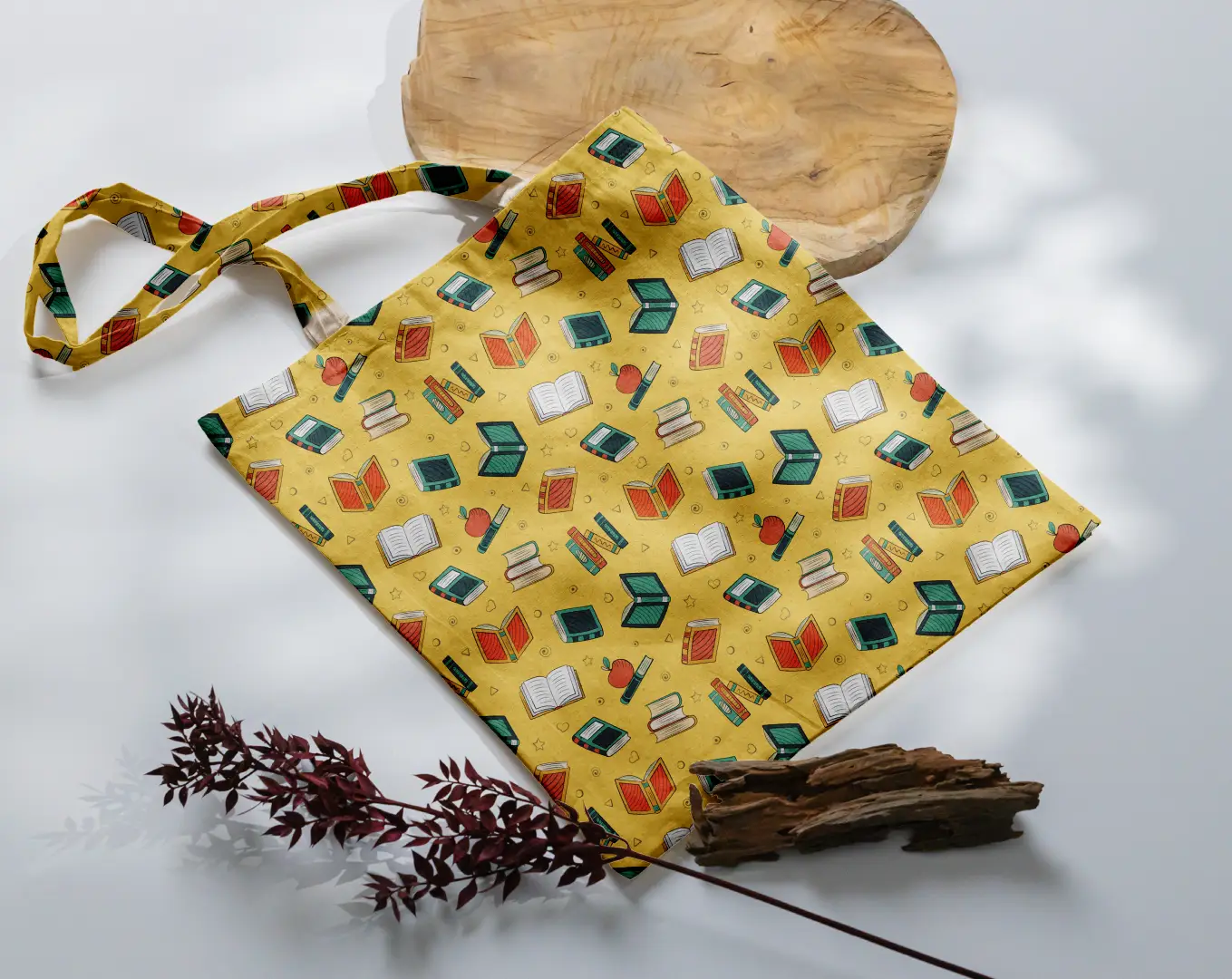 Books Printed Mustard Yellow Canvas Fabric Tote Bag - Image 3