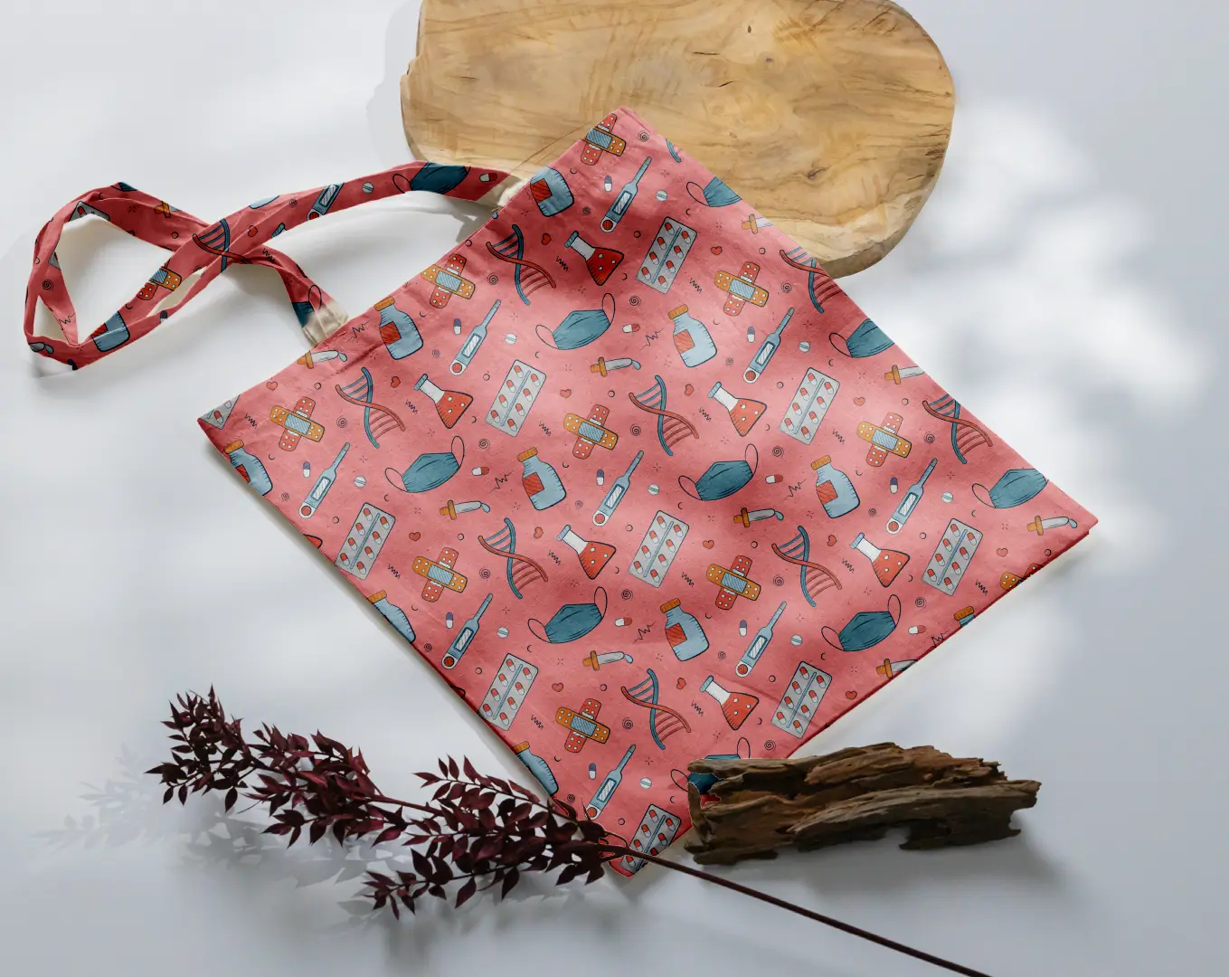 Medicines Printed Coral Color Canvas Fabric Tote Bag - Image 3