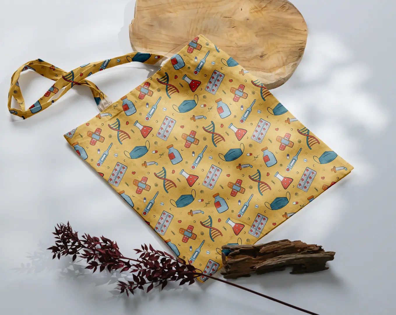 Medicines Printed Yellow Canvas Fabric Tote Bag - Image 3