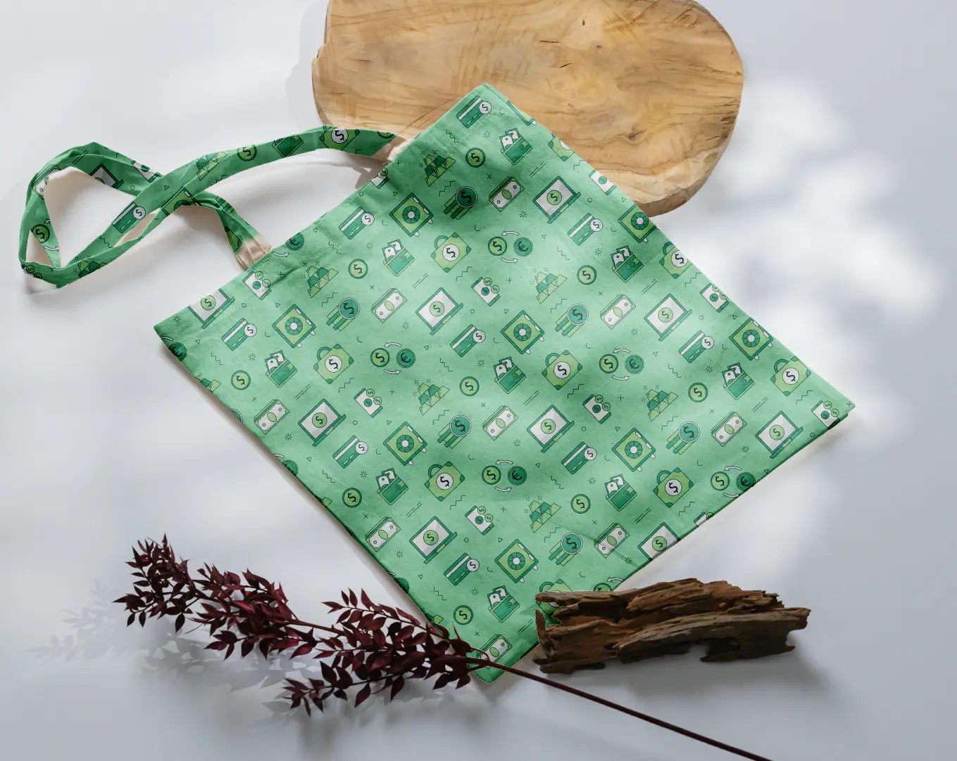 Money Doodle Printed Green Canvas Fabric Tote Bag - Image 3