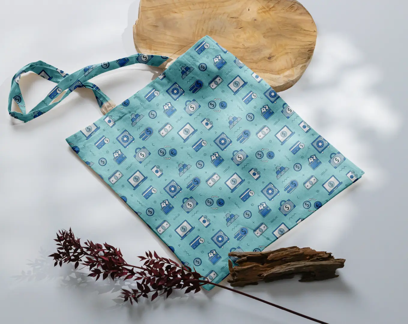 Money Doodle Printed Teal Blue Canvas Fabric Tote Bag - Image 3